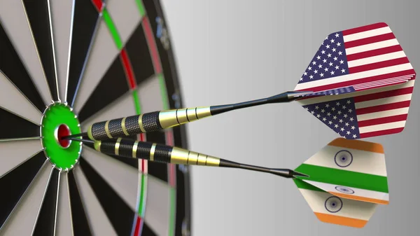 Az Usa és India, a zászlók darts ütő telitalálat a cél. Nemzetközi együttműködés, illetve a verseny fogalmi 3d-leképezés — Stock Fotó