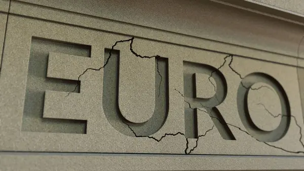 Rompiendo la palabra EURO en la fachada de piedra. Crisis financiera europea renderizado 3D conceptual — Foto de Stock