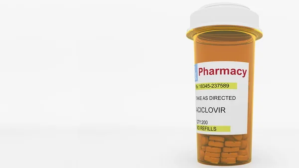 Aciclovir leków generycznych pigułki w butelce recepty. Konceptualna renderowania 3d — Zdjęcie stockowe