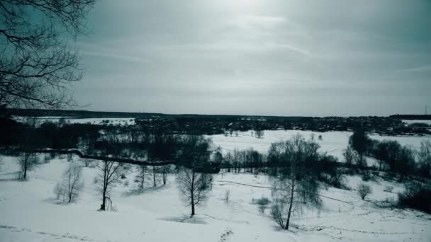 Typische russische Winterlandschaft mit weit entfernter Stadt, Schwenkaufnahme — Stockvideo
