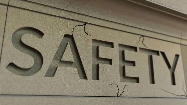 Cracking SAFETY word on the stone facade. Security breach conceptual animation — Stock Video