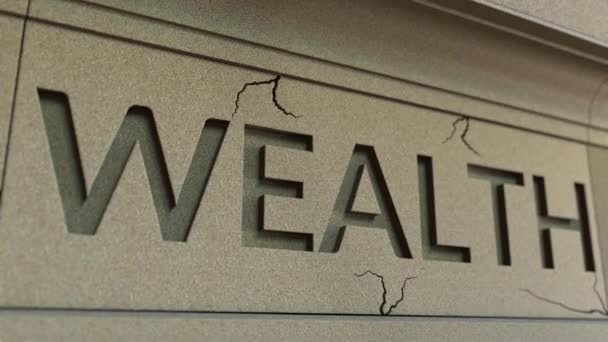 Una parola di ricchezza sulla facciata in pietra. Animazione concettuale correlata alla povertà — Video Stock