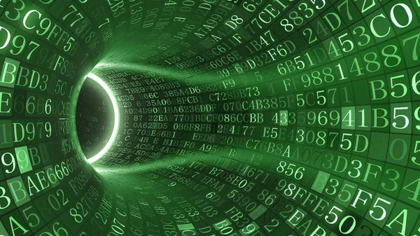 Green tunnel made of hexadecimal symbols. Internet service, information technology or big data related 3D rendering