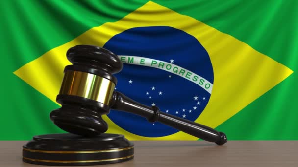 法官槌和阻拦对巴西的旗子。巴西法院概念动画 — 图库视频影像
