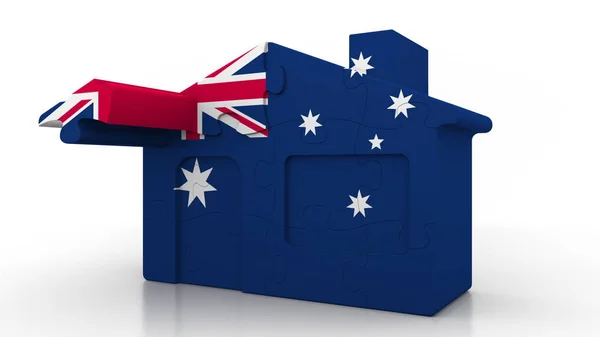 Building puzzle house featuring flag of Australia. Australian emigration, construction or real estate market conceptual 3D rendering — Stock Photo, Image