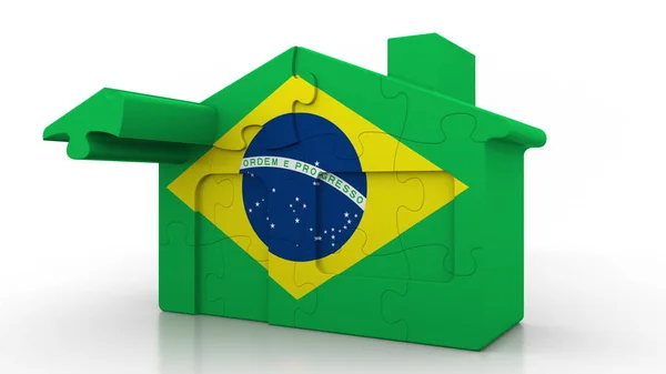 Construindo casa de quebra-cabeça com bandeira do Brasil. Emigração brasileira, construção ou mercado imobiliário conceitual renderização 3D — Fotografia de Stock