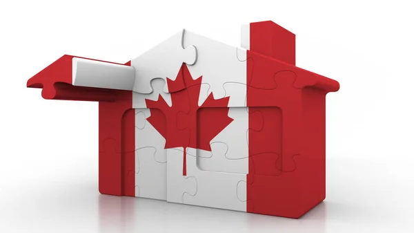 Construyendo una casa de rompecabezas con bandera de Canadá. Migración canadiense, construcción o mercado inmobiliario renderizado 3D conceptual — Foto de Stock