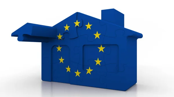 Puzzle budynku domu z flagą Unii Europejskiej. Unii Europejskiej emigracji lub budowy pojęciowy renderowania 3d — Zdjęcie stockowe