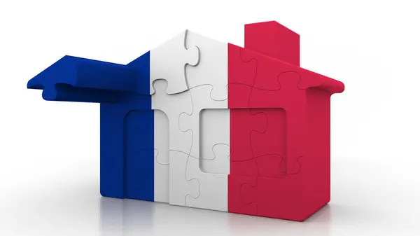 Bâtiment maison puzzle avec drapeau de la France. Emigration française, construction ou marché immobilier conceptuel rendu 3D — Photo