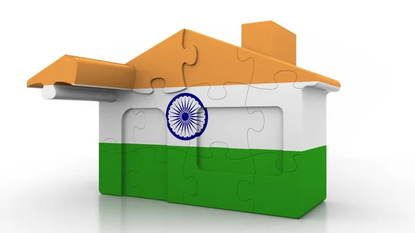 Construindo casa de quebra-cabeça com bandeira da Índia. Imigração indiana, construção ou mercado imobiliário conceitual renderização 3D — Fotografia de Stock