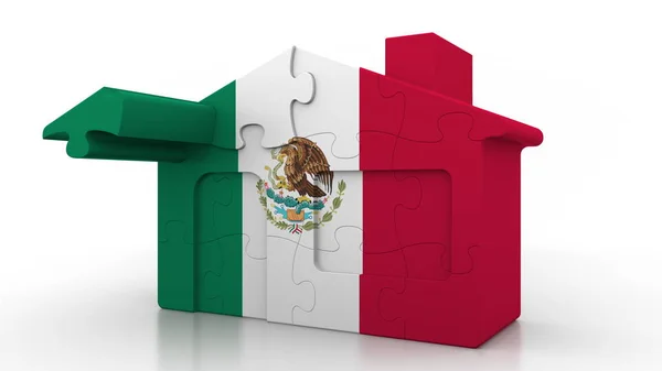 Construyendo una casa de rompecabezas con bandera de México. Emigración mexicana, construcción o mercado inmobiliario renderizado 3D conceptual — Foto de Stock