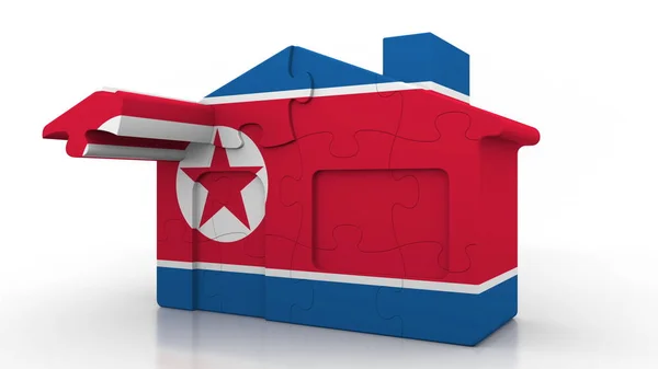 Bâtiment maison puzzle avec drapeau de la Corée du Nord. Construction coréenne rendu 3D conceptuel — Photo