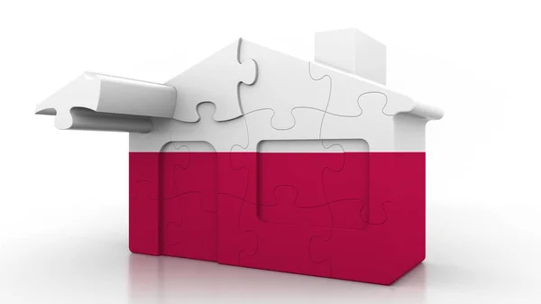 Bâtiment maison puzzle avec drapeau de la Pologne. Émigration polonaise, construction ou marché immobilier conceptuel rendu 3D — Photo