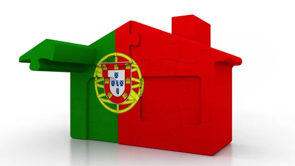 Edificio casa de rompecabezas con bandera de Portugal. Emigración portuguesa, construcción o mercado inmobiliario renderizado 3D conceptual — Foto de Stock