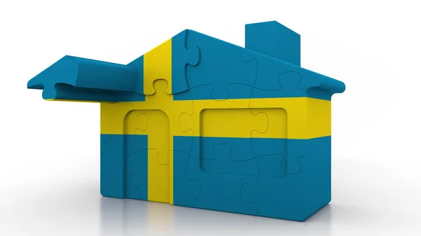 Puzzle budynku domu featuring flaga Szwecji. Szwedzkiej emigracji, budownictwo i nieruchomości na rynku pojęciowy renderowania 3d — Zdjęcie stockowe