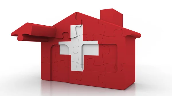 Bâtiment maison puzzle avec drapeau de la Suisse. Emigration, construction ou marché immobilier suisse conceptuel rendu 3D — Photo