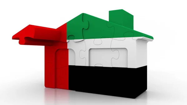 Bâtiment maison de puzzle avec drapeau des Émirats arabes unis. Emirats Arabes Unis émigration, construction ou immobilier marché conceptuel rendu 3D — Photo