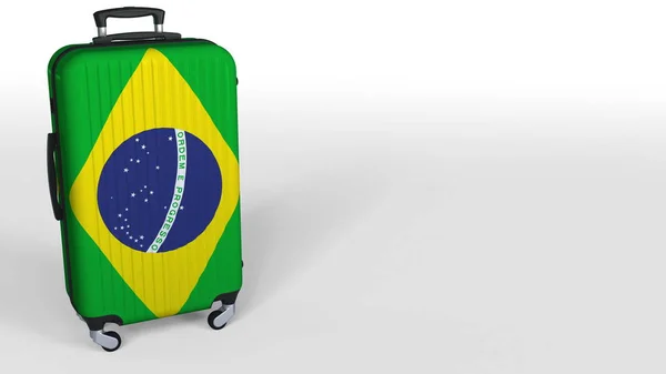 Reizigers koffer met vlag van Brazilië. Braziliaanse toerisme conceptuele 3D-rendering, lege ruimte voor een bijschrift — Stockfoto