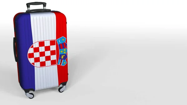 Podróżujący w walizkę z Flaga Chorwacji. Chorwacki turystyki pojęciowy renderingu 3d, puste miejsce na podpis — Zdjęcie stockowe