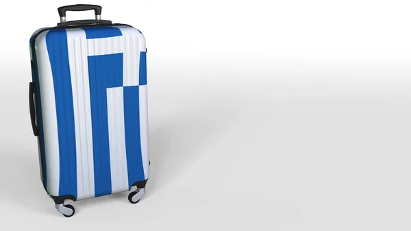 Reisekoffer mit griechischer Flagge griechischer Tourismus konzeptionelle 3D-Darstellung, leerer Raum für Bildunterschriften — Stockfoto