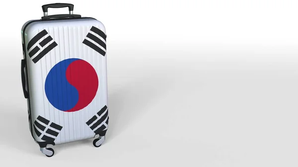 Reisekoffer mit Flagge Südkoreas. Koreanische Tourismus konzeptionelle 3D-Darstellung, Leerraum für Bildunterschriften — Stockfoto