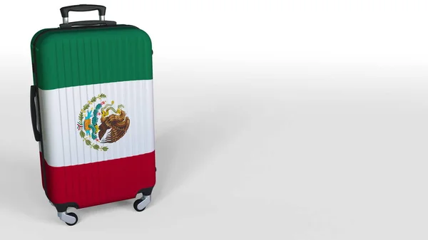 Maleta de viajero con bandera de México. Renderizado 3D conceptual del turismo mexicano, espacio en blanco para subtítulos — Foto de Stock