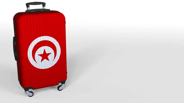 Maleta de viaje con bandera de Túnez. Turismo tunecino representación 3D conceptual, espacio en blanco para el pie de foto —  Fotos de Stock