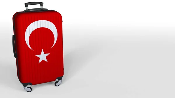 Cestující kufr nabízí turecká vlajka. Turecká turistická koncepční 3d vykreslování, prázdné místo pro titulek — Stock fotografie