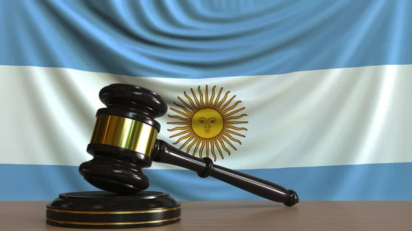 Giudici martelletto e blocco contro la bandiera argentina. Corte argentina rendering 3D concettuale — Foto Stock