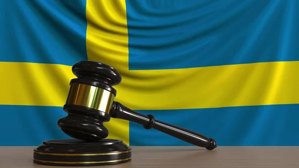 Judges gavel and block against the flag of Sweden. Swedish court conceptual 3D rendering — Stock Photo, Image