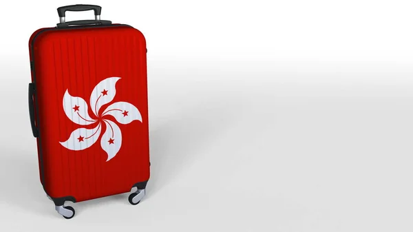 Reisekoffer mit der Flagge von Hongkong. Tourismus konzeptionelle 3D-Darstellung, Leerraum für Bildunterschriften — Stockfoto