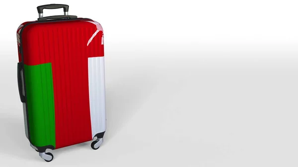 Podróżujący w walizkę z Flaga Omanu. Omanu turystyka pojęciowy renderingu 3d, puste miejsce na podpis — Zdjęcie stockowe