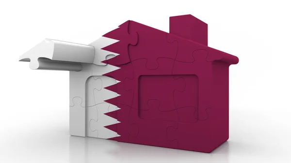 Bâtiment maison puzzle avec drapeau du Qatar. Émigration qatari, construction ou marché immobilier rendu 3D conceptuel — Photo