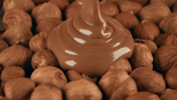 Положить расплавленный шоколад на фундук — стоковое видео