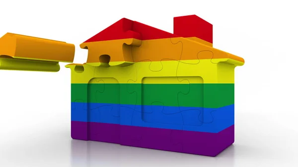 Construyendo una casa de rompecabezas con bandera de orgullo LGBT. Renderizado 3D conceptual —  Fotos de Stock