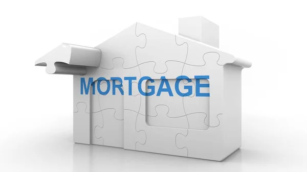 Hypothekendarlehen auf Puzzlehaus. Konstruktion oder Kreditmarkt konzeptionelle 3D-Darstellung — Stockfoto
