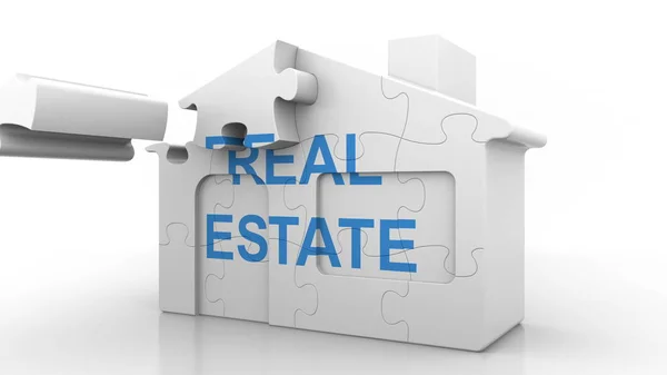 Immobilien-Bildunterschrift auf Puzzle-Haus. Konzeptionelle 3D-Darstellung des Bau- oder Hypothekenmarktes — Stockfoto