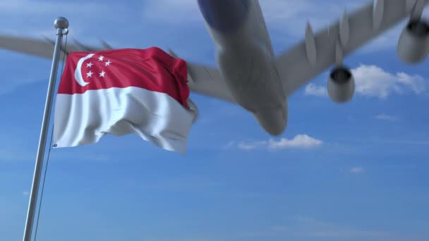 Kommersiella flygplan flyger över viftande flagga Singapore. Singaporianska emigration eller turism med animering — Stockvideo