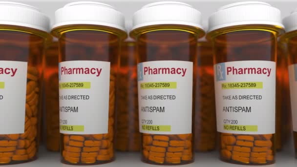 Didascalia ANTISPAM sui flaconi con prescrizione di pillole, animazione concettuale relativa al computer — Video Stock