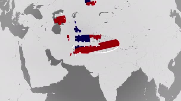 Quebra-cabeça de avião com bandeira da Malásia contra o mapa do mundo. Turismo malaio animação 3D conceitual — Vídeo de Stock