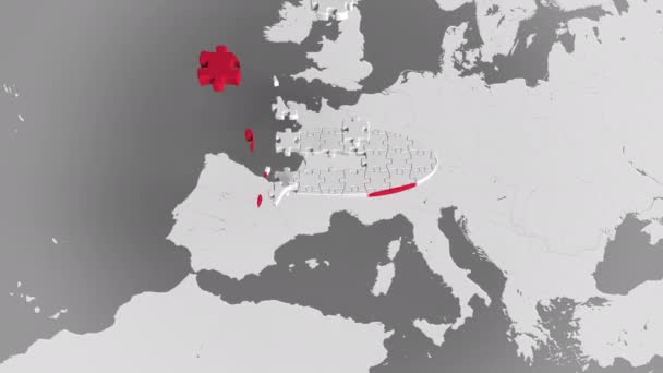 Puzzle aereo con bandiera dell'Austria contro la mappa del mondo. Turismo austriaco concettuale animazione 3D — Video Stock