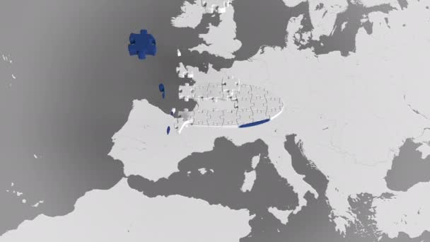 Quebra-cabeça de avião com bandeira da Holanda contra o mapa do mundo. Turismo holandês animação 3D conceitual — Vídeo de Stock