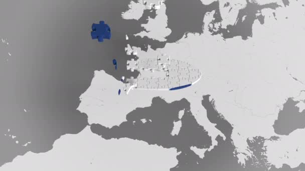 Puzzle de avión con bandera de los Países Bajos contra el mapa del mundo. Turismo holandés animación 3D conceptual — Vídeos de Stock