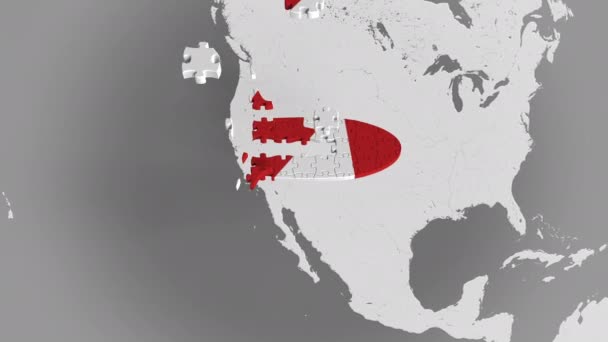 Пазл самолета с флагом Канады против карты мира. Концептуальная 3D анимация — стоковое видео