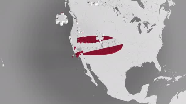 Puzzle de avión con bandera de los Estados Unidos contra el mapa del mundo. Animación 3D conceptual del turismo americano — Vídeo de stock