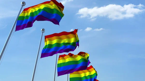 Ondeando banderas de orgullo LGBT contra el cielo. Renderizado 3D —  Fotos de Stock