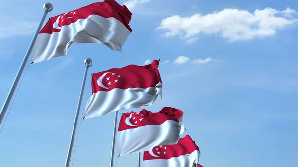 Vajande flaggor av Singapore mot himlen. 3D-rendering — Stockfoto