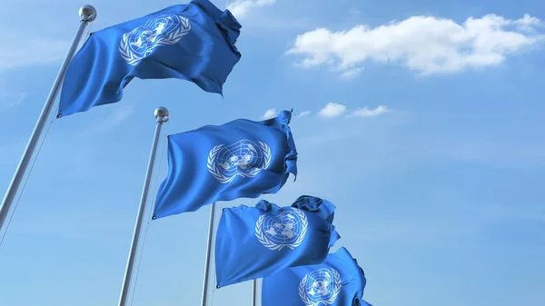 Ondeando banderas de la ONU contra el cielo. Renderizado 3D — Foto de Stock