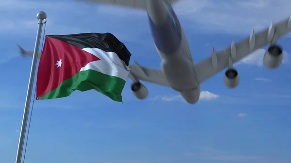 Commerciële vliegtuig vliegen boven zwaaien vlag van Jordanië. 3D-rendering — Stockfoto