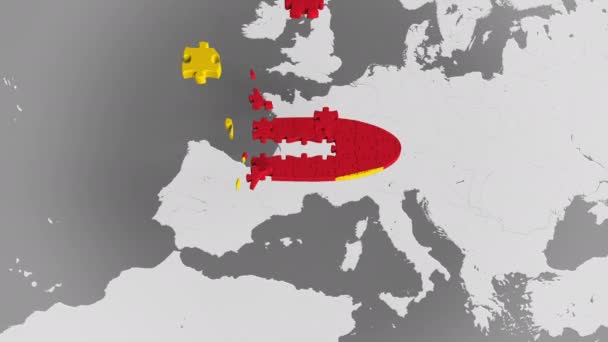 Quebra-cabeça de avião com bandeira da Alemanha contra o mapa do mundo. Turismo alemão animação 3D conceitual — Vídeo de Stock